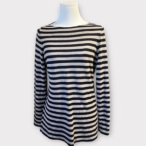 Eileen Fisher Sweater Womens PM Black Beige Stripe Merino Wool Soft Lightweight